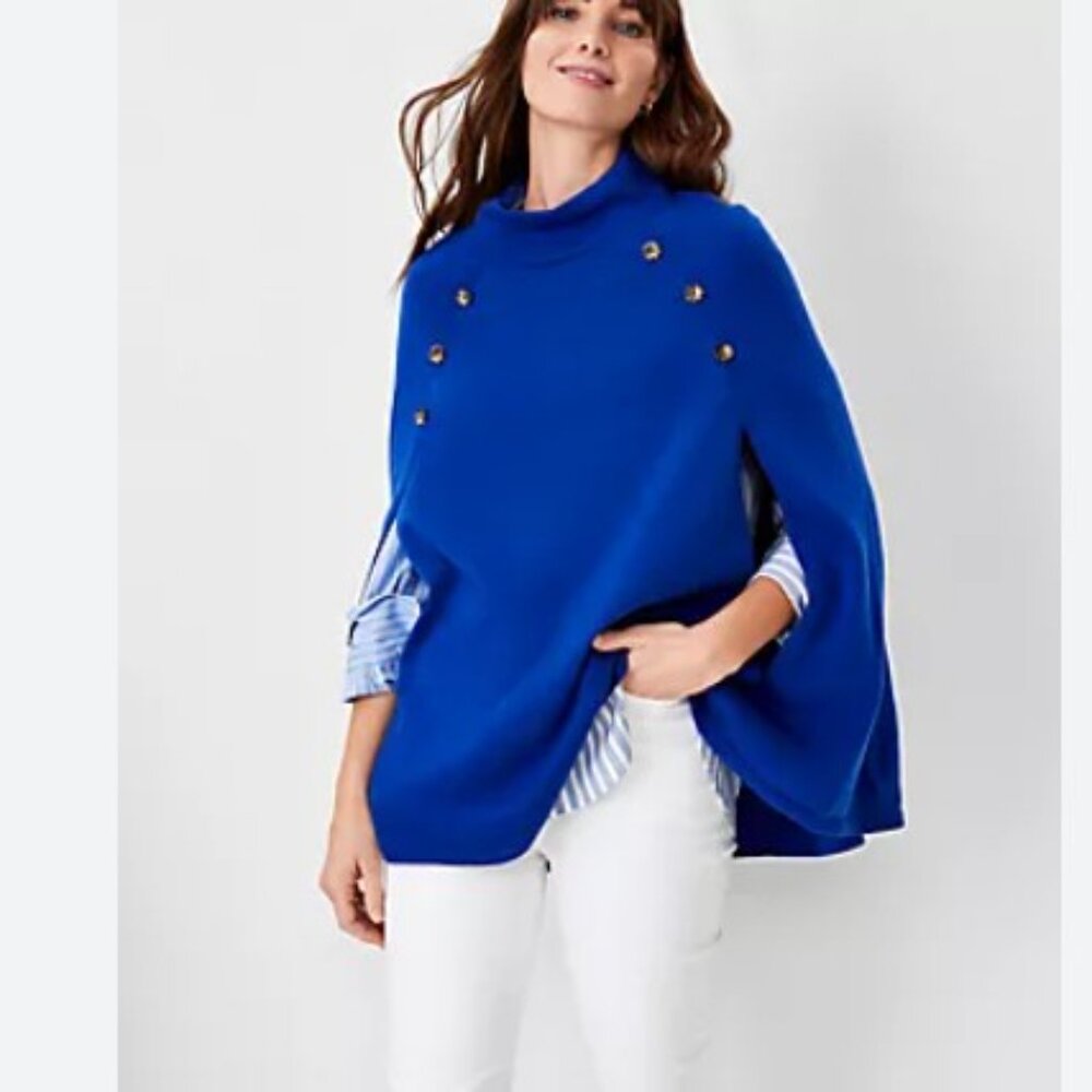 Ann Taylor Fine Gauge Sweater Cape Bright Blue Size M/L Like New
